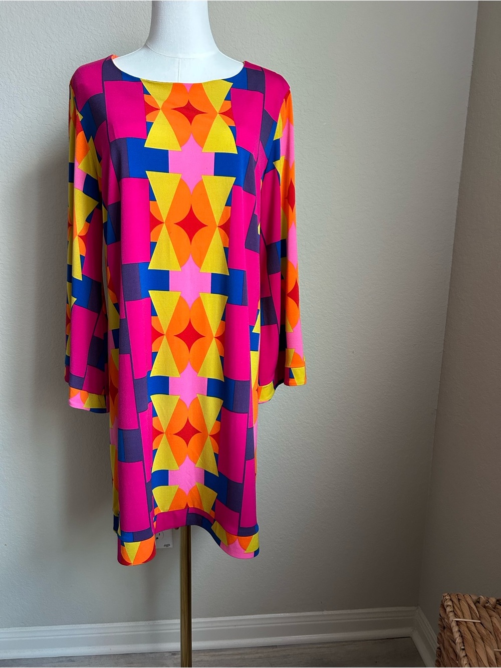 Marlow Vibrant Geometric Dress, Hot Pink, Yellow, Blue & Orange. Flair sleeves